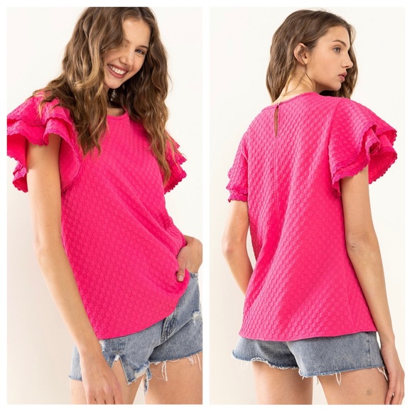 35 Boho Textured Double Ruffle Short Sleeve Top - Picture 3 of 7